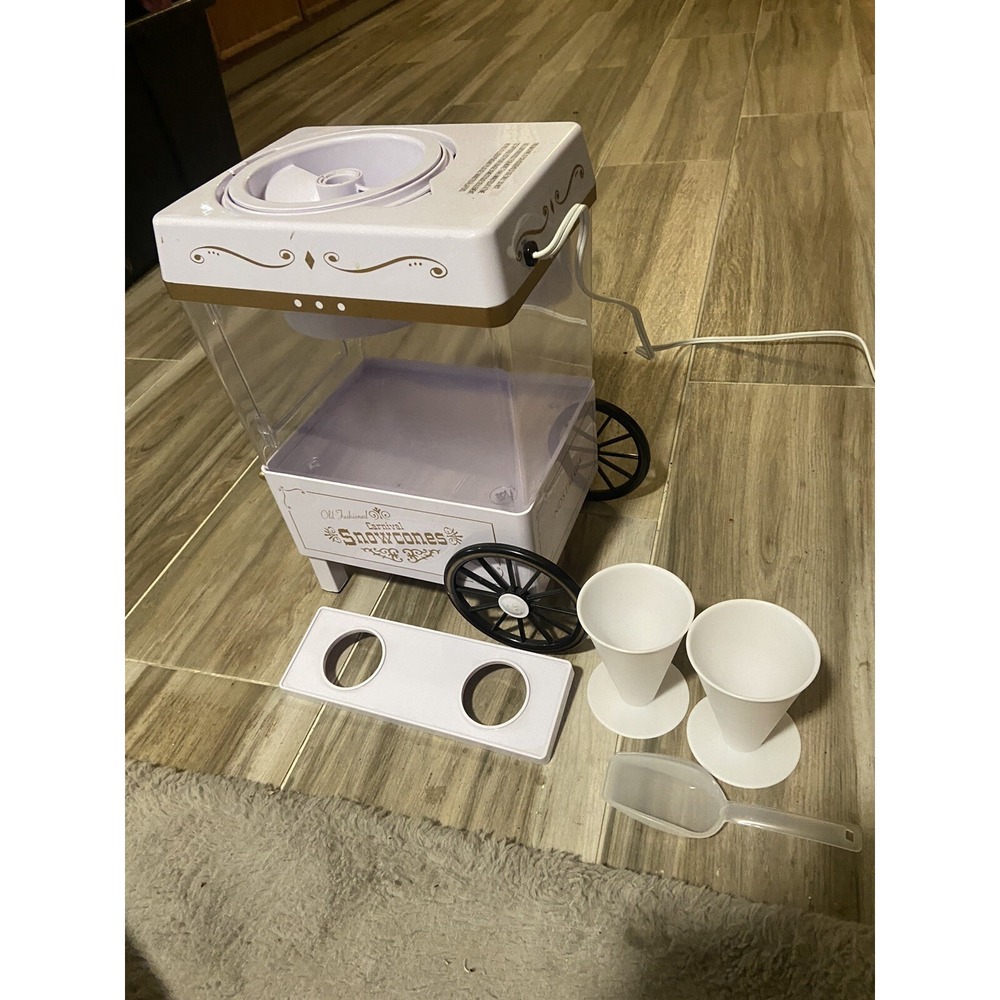 Nostalgia Snow Cone Machine Cart 160 oz. White Side-Shelf 2-Cones &‎ Ice Scoop